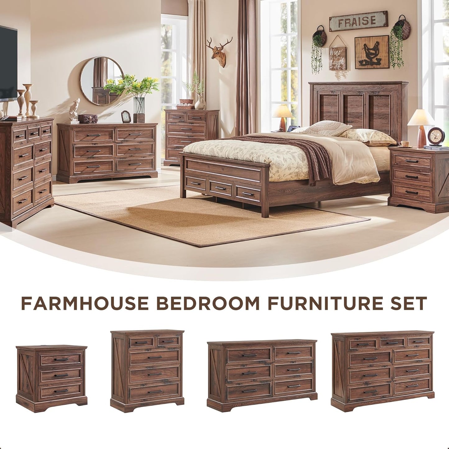 Farmhouse 9 Drawer Dresser for Bedroom, 36 Inch Tall Modern Dresser TV Stand with Large Drawers & Bar Handles, Rustic Wood Chest of Drawers for Bedroom, Living Room, Hallway, Brown