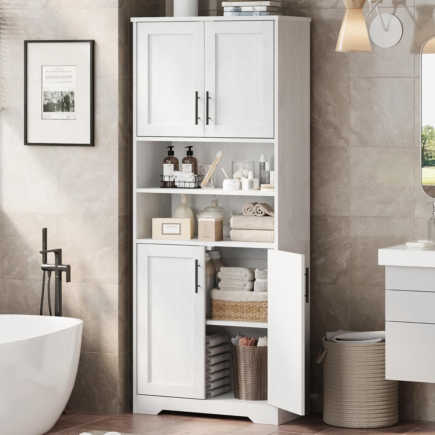 GarveeHome 67" Tall Storage Cabinet, Tall Bathroom Cabinet with 4 Doors and Adjustable Shelves, Freestanding Kitchen Pantry Cabinets, Cupboard for Living Room, Dining Room, Antique White