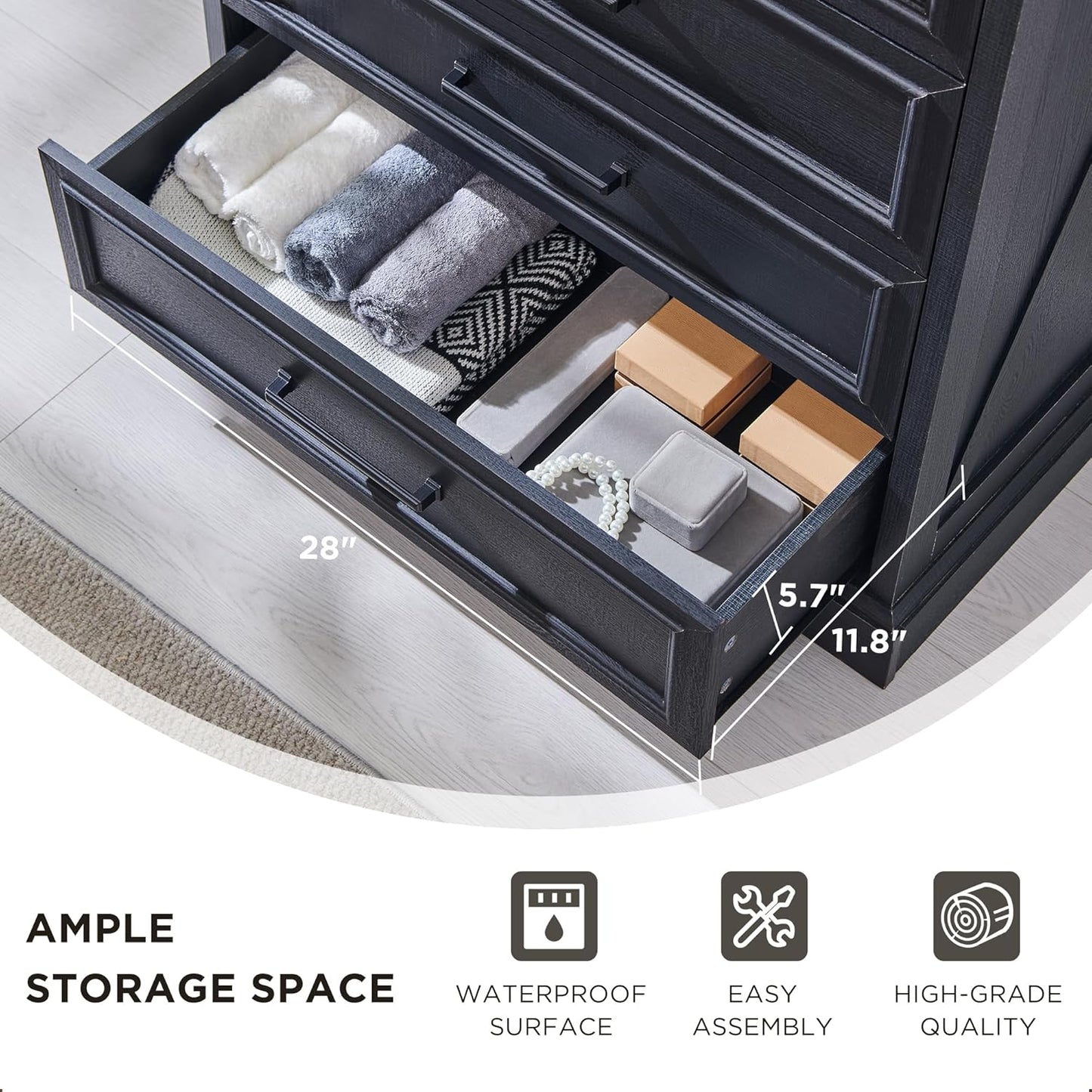 Farmhouse 5 Drawer Dresser for Bedroom, 36 Inch Tall Modern Chest of Drawers, Rustic Wood Storgae Organizer with Large Drawers & Bar Handles for Bedroom, Living Room, Hallway, Black