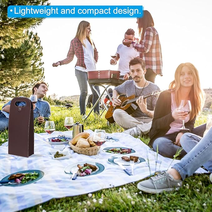 PATIKIL 2 Bottle Wine Gift Bag, Wine Bag Reusable Leather Wine Tote Carrier for Wine Bottles Portable Champagne Gift Bags for Picnic Party Wedding, Brown