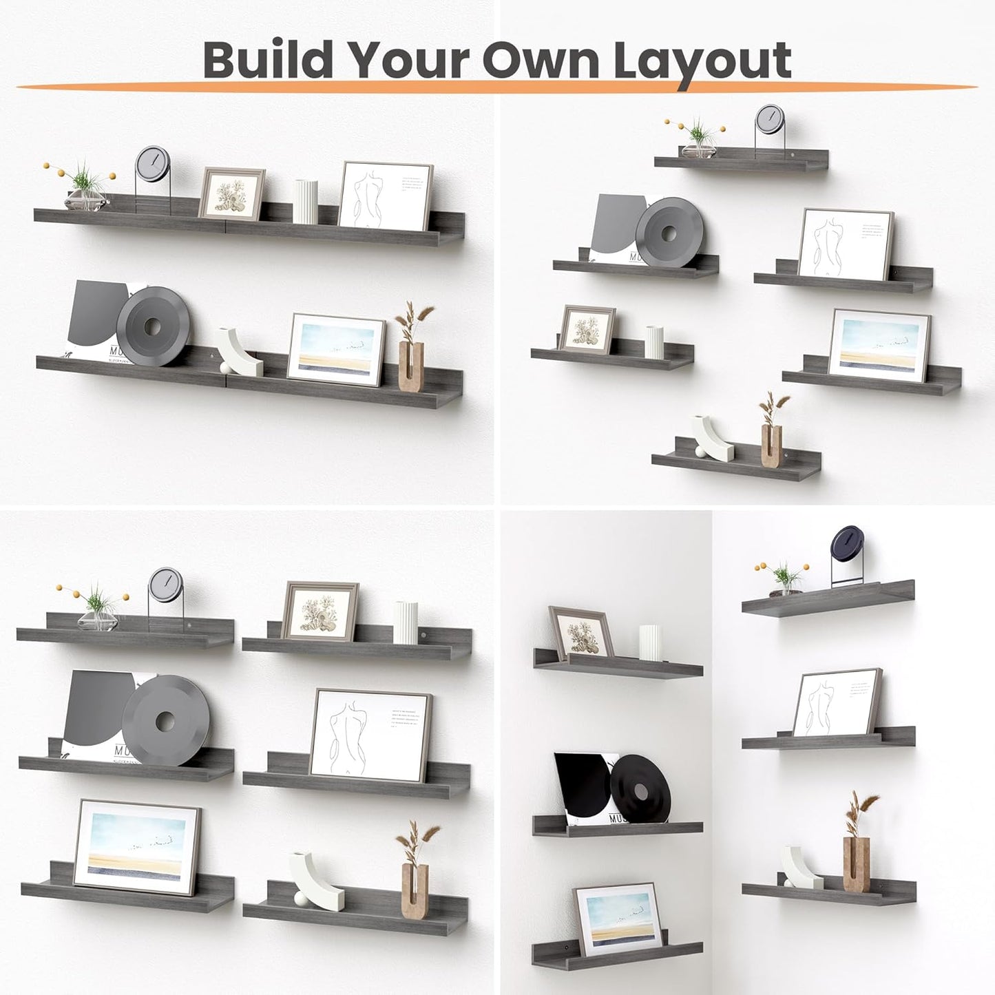 upsimples Floating Shelves for Wall, Wall Shelves for Decor Storage Set of 6, Wall Mounted Wood Shelf for Bedroom, Living Room, Bathroom, Kitchen, Picture Ledge Shelf, Grey