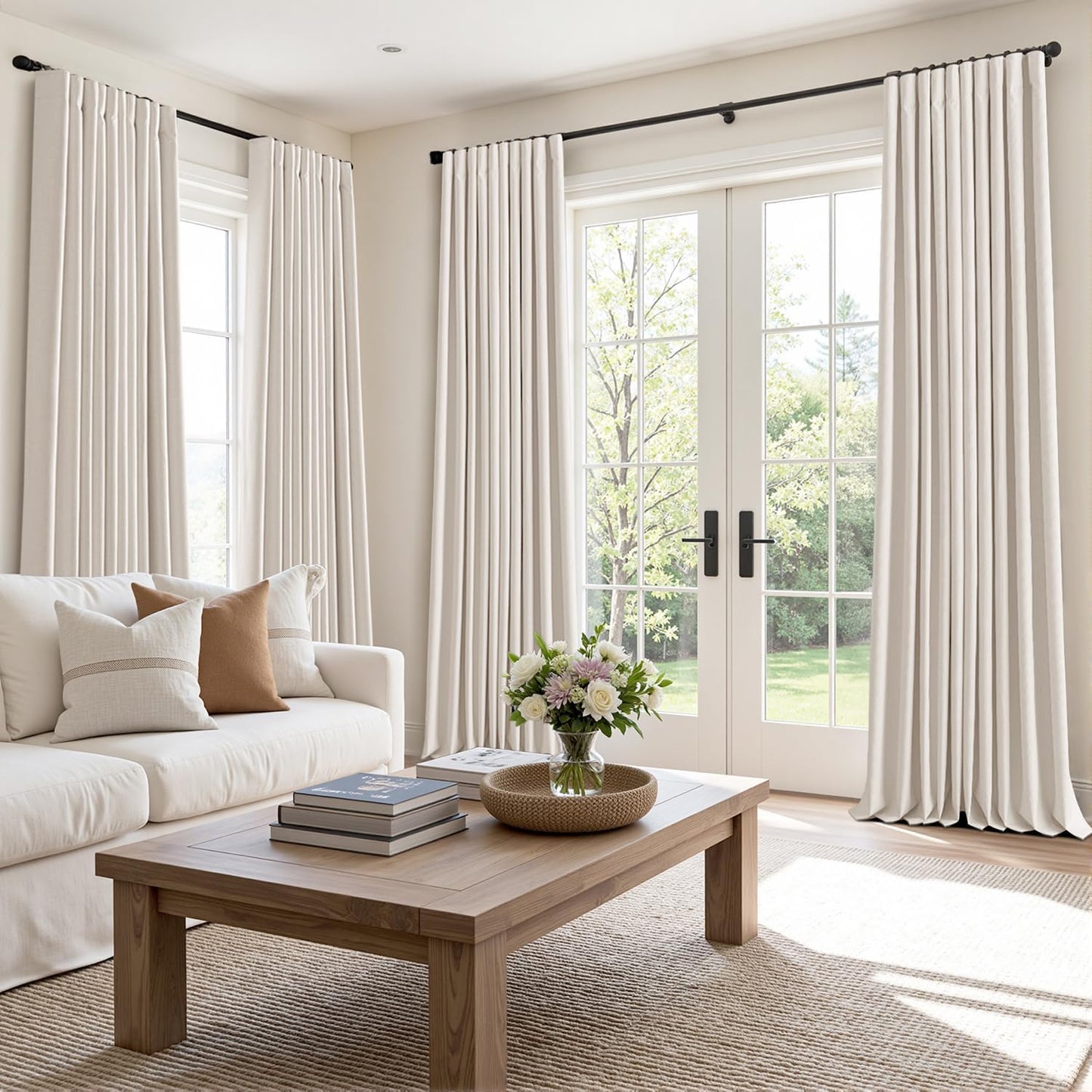 MIULEE 100% Blackout Curtains 120 Inch Long 2 Panels for Bedroom, Thick Luxury Faux Linen Black Out Curtain Room Darkening Back Tab Pleat Window Textured Drapes with Hooks for Living Room, Ivory