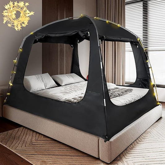 Bed Tent Bed Canopy Portable Full Size Dream Tents 4 Doors 4 Mesh 80% Blackout - Indoor Breathable Sleeping Tents Privacy Space Tents for Adult with String Light