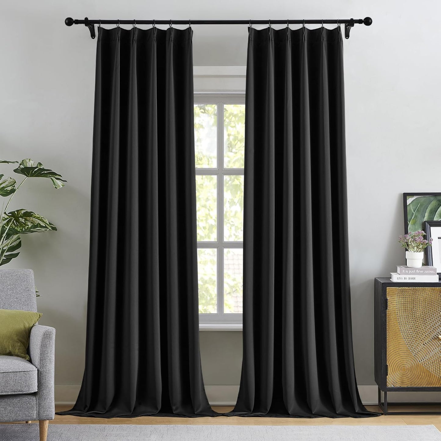 KangBang Black Out Curtain Panels 96 Inches Long for Living Room, Soundproof Thermal Insulated Long Black Solid Curtains/Drapes for Sliding Patio Door Basement, Elegant Modern Decor 2 Panels,40Wx96L