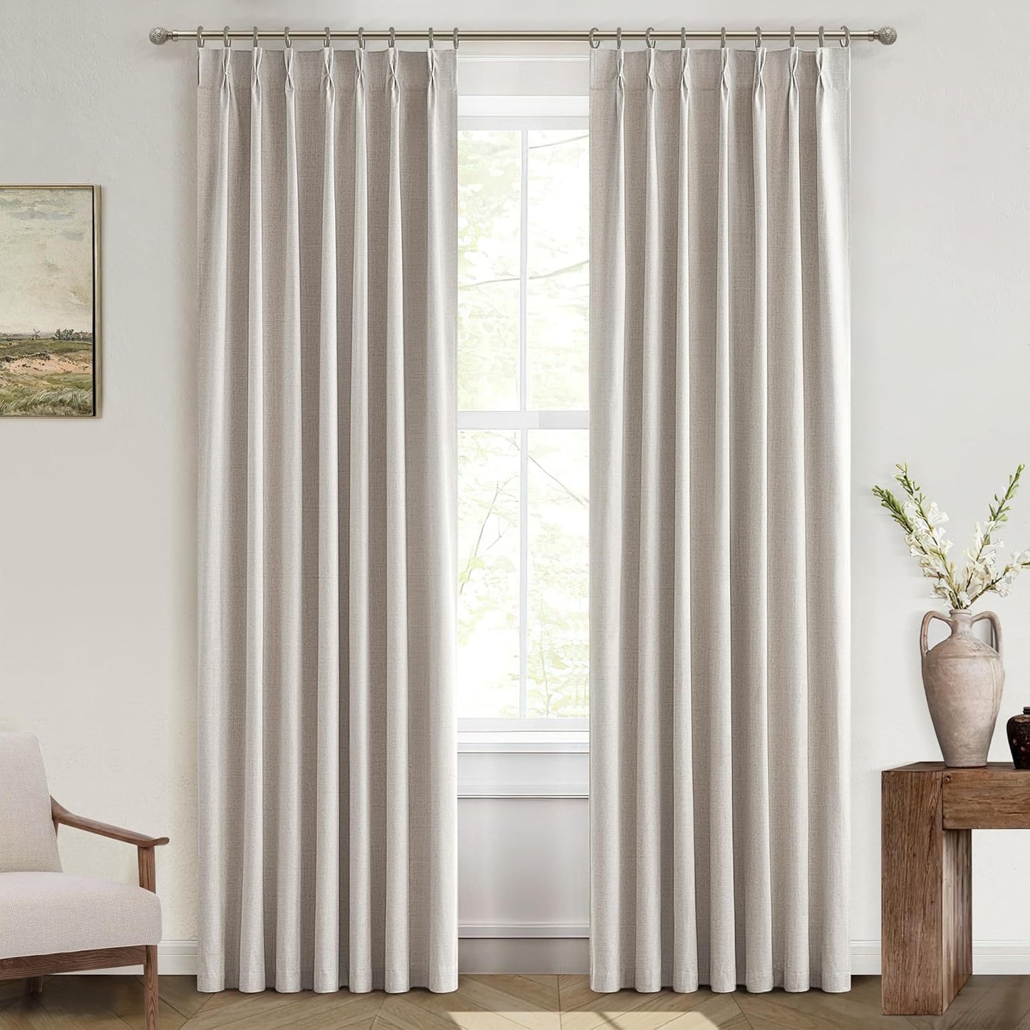 100% Blackout Thermal Curtains 80 Length 2 Panels Set for Bedroom, Linen Windows Pinch Pleated Drapes with Hooks for Track Modern Rustic Living Room Darkening Curtains 80 Inches Long Off White