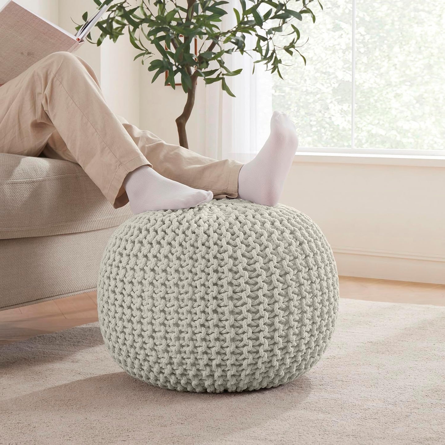 Ornavo Home Pouf Ottoman Foot Rest - 100% Cotton Pouffe - Hand Knitted Cable Braid Cord - Boho Round Stuffed Ottoman for Living Room, Bedroom - Natural
