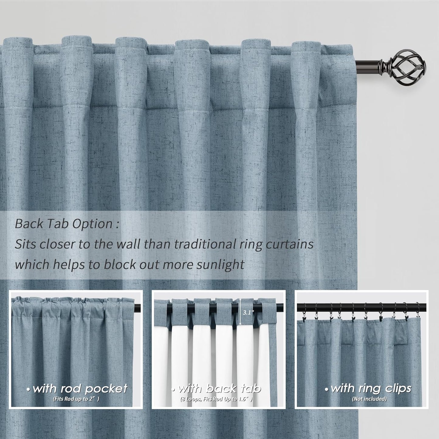 BOODII Blue Black Out Curtains 80 Inch Long for Bedroom Window Room Darkening Full Light Blocking Curtains Back Tab Neutral Elegant Nursery Baby Blackout Curtain Thermal Insulated Linen Drapes 52x80