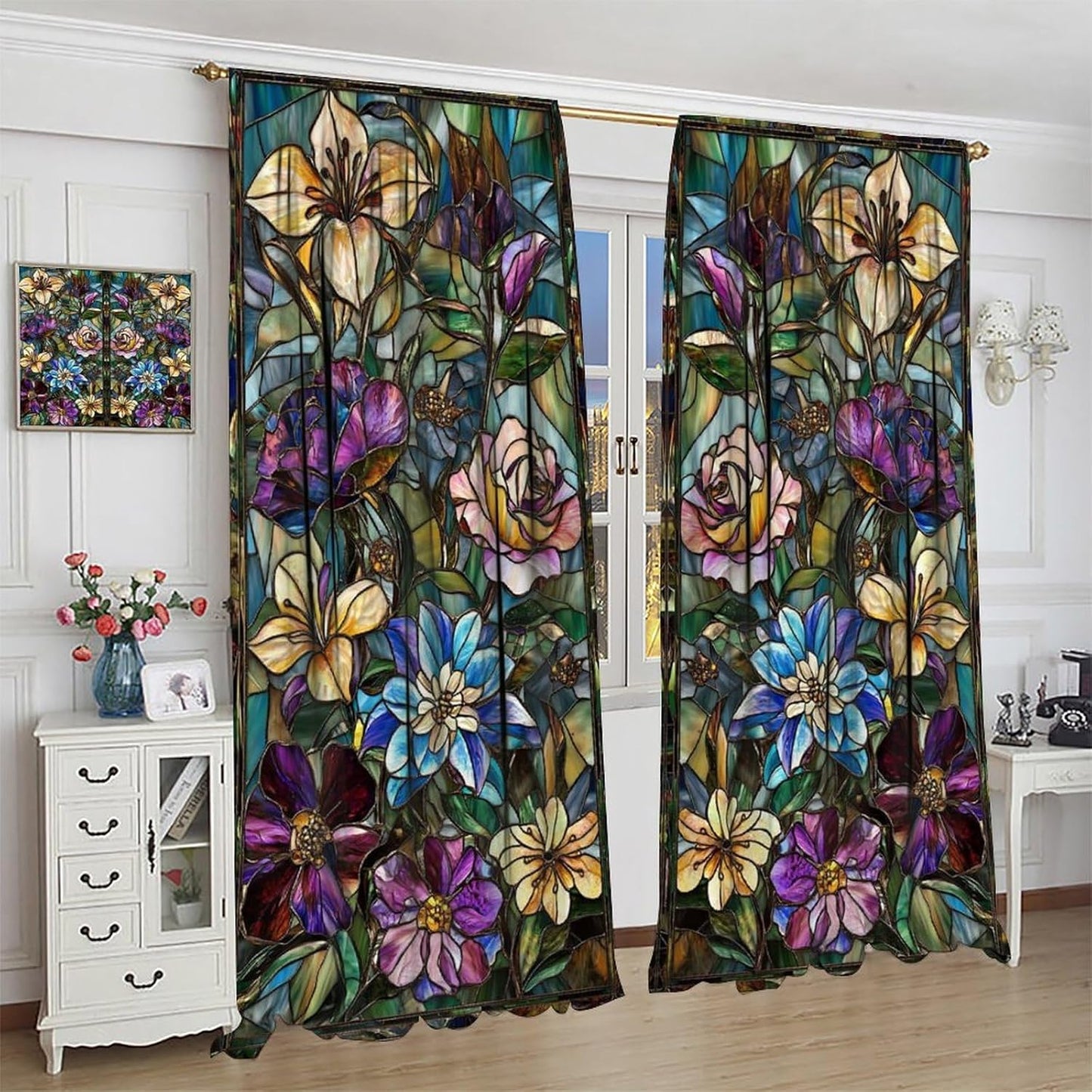 Stained Glass Curtains,Retro Colored Glass Flowers Art Home Decor Drapes for Bedroom Living Room Kitchen Window Treatment 2 Panels Set Total Size 42" W X 54" L Inch