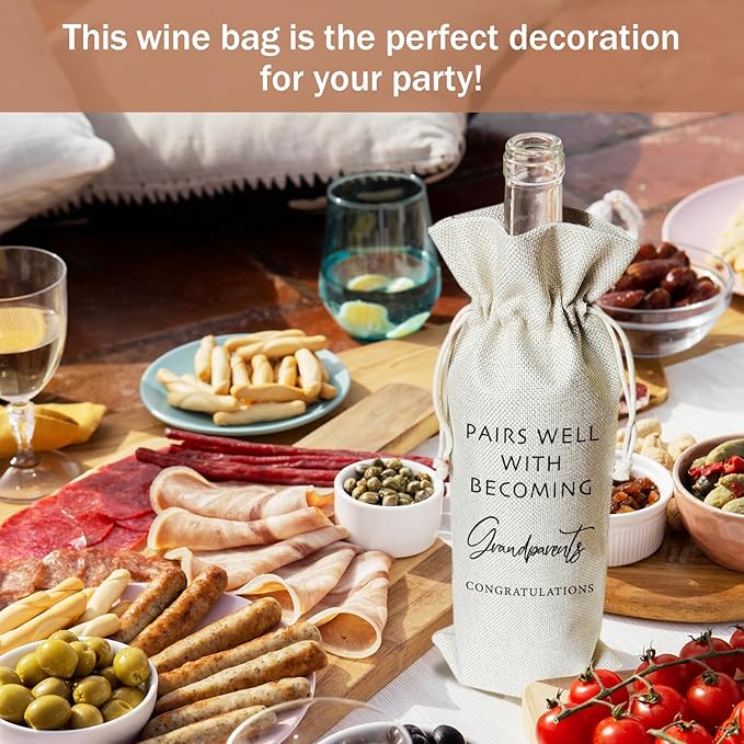 Pregnancy Announcement for Grandparents Wine Gift Bags, First Time Grandparents Gifts for Grandparents, 1pcs Reusable Burlap Wine Gift Bags for Wine Bottles, Baby Announcement Holiday Party Favor -22