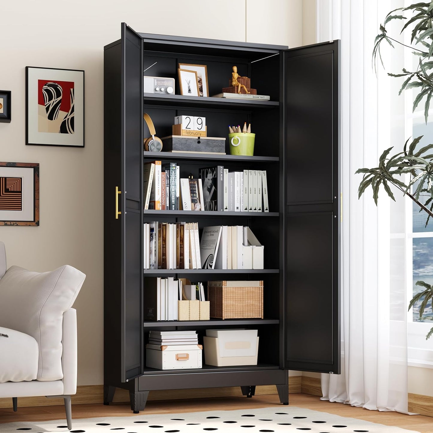 Kitchen Pantry Storage Cabinet with Doors and Adjustable Shelves, Metal ClosetMaid Food Pantry Cabinets, 75" Tall Freestanding Cupboard for Kitchen, Laundry or Utility Room, Black