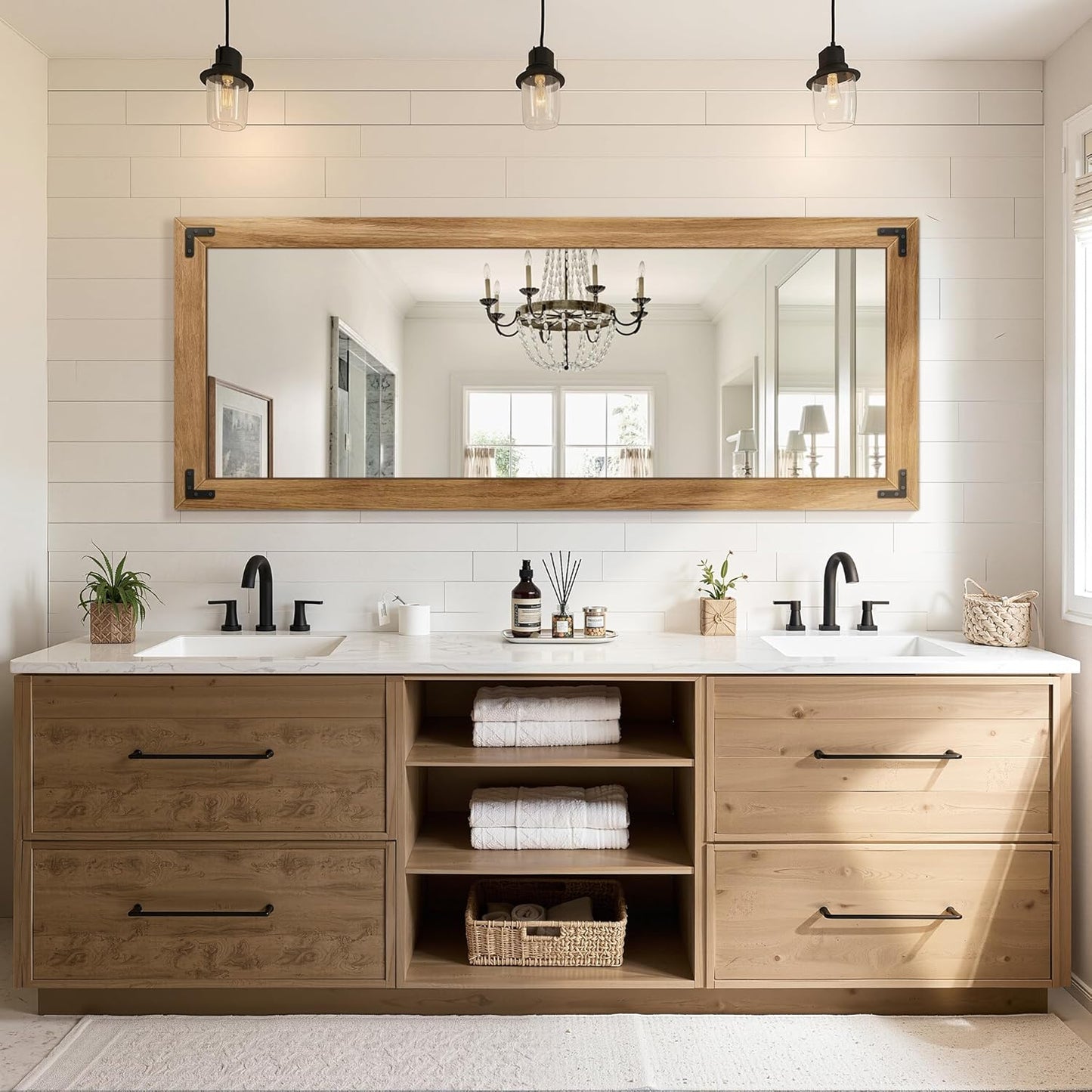 Full Length Mirror with Wooden Frame, 56"X22" Solid Wood Standing Floor Mirror for Farmhouse, Bathroom, Bedroom Decor, Hanging or Leaning Wall-Mounted