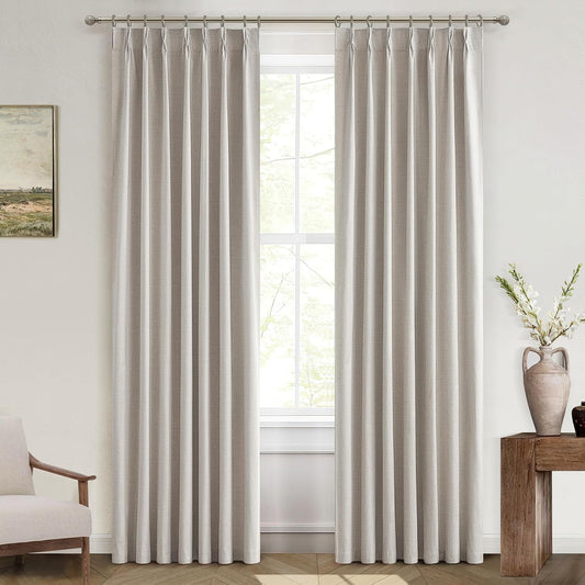 100% Blackout Thermal Curtains 84 Length 2 Panels Set for Bedroom, Linen Windows Pinch Pleated Drapes with Hooks for Track 7ft Modern Rustic Living Room Darkening Curtains 84 Inches Long Off White