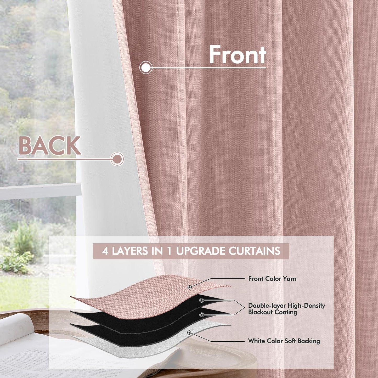 MIULEE 100% Blackout Curtains 102 Inch Long 2 Panels for Bedroom, Thick Luxury Faux Linen Black Out Curtain Room Darkening Back Tab Pleat Window Textured Drapes with Hooks for Living Room, Baby Pink