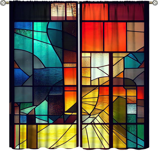 Stained Glass Curtains,Retro Abstract Colorful Geometry Textures Art Home Decor Drapes for Bedroom Living Room Kitchen Window Treatment 2 Panels Set Total Size 52" W X 84" L Inch