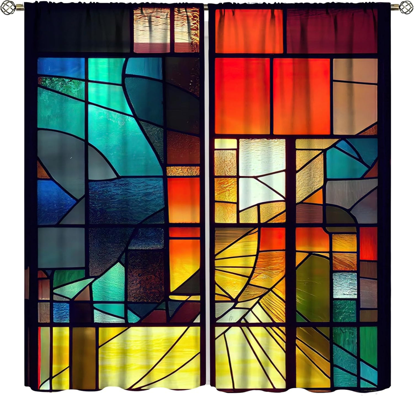 Stained Glass Curtains,Retro Abstract Colorful Geometry Textures Art Home Decor Drapes for Bedroom Living Room Kitchen Window Treatment 2 Panels Set Total Size 55" W X 63" L Inch