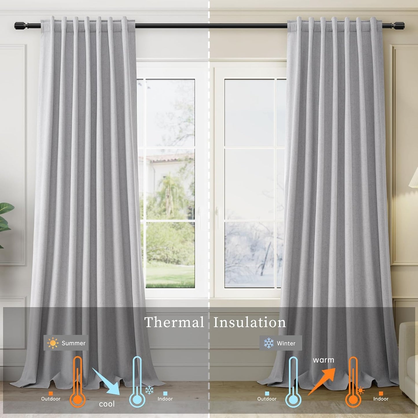 Natural Linen Black Out Curtains 108 Inches Long 2 Panels Set Back Tab Grey Room Darkening Curtains 100% Blackout Light Gray Thermal Insulated Drapes for Living Dining Room Patio Door Large Window