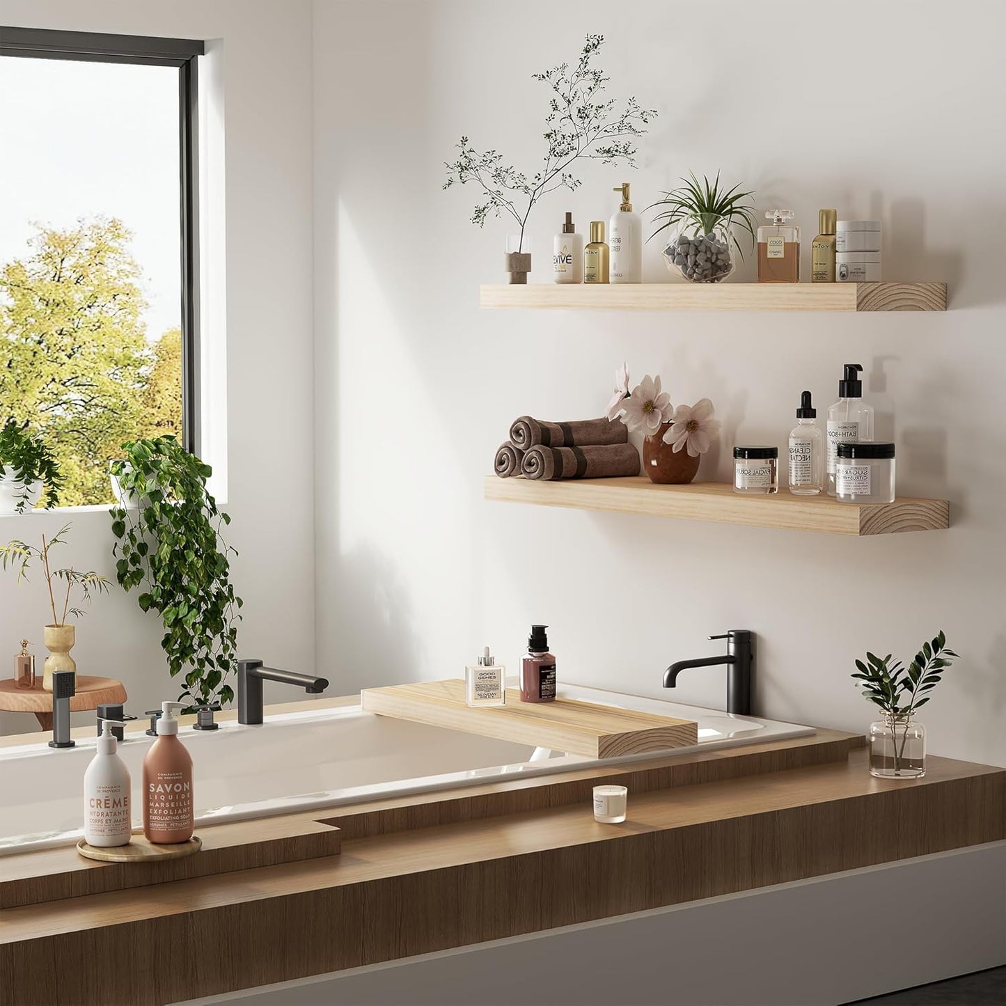 Light Wood Floating Shelves 36”x 8”x 1.4” Book Shelf Floating for Wall Mounted, Heavy Duty Shelf Hold 80 lbs, Unfinished Rustic Wall Shelves for Bedroom, Living Room, Kitchen, Office, Laundry Room