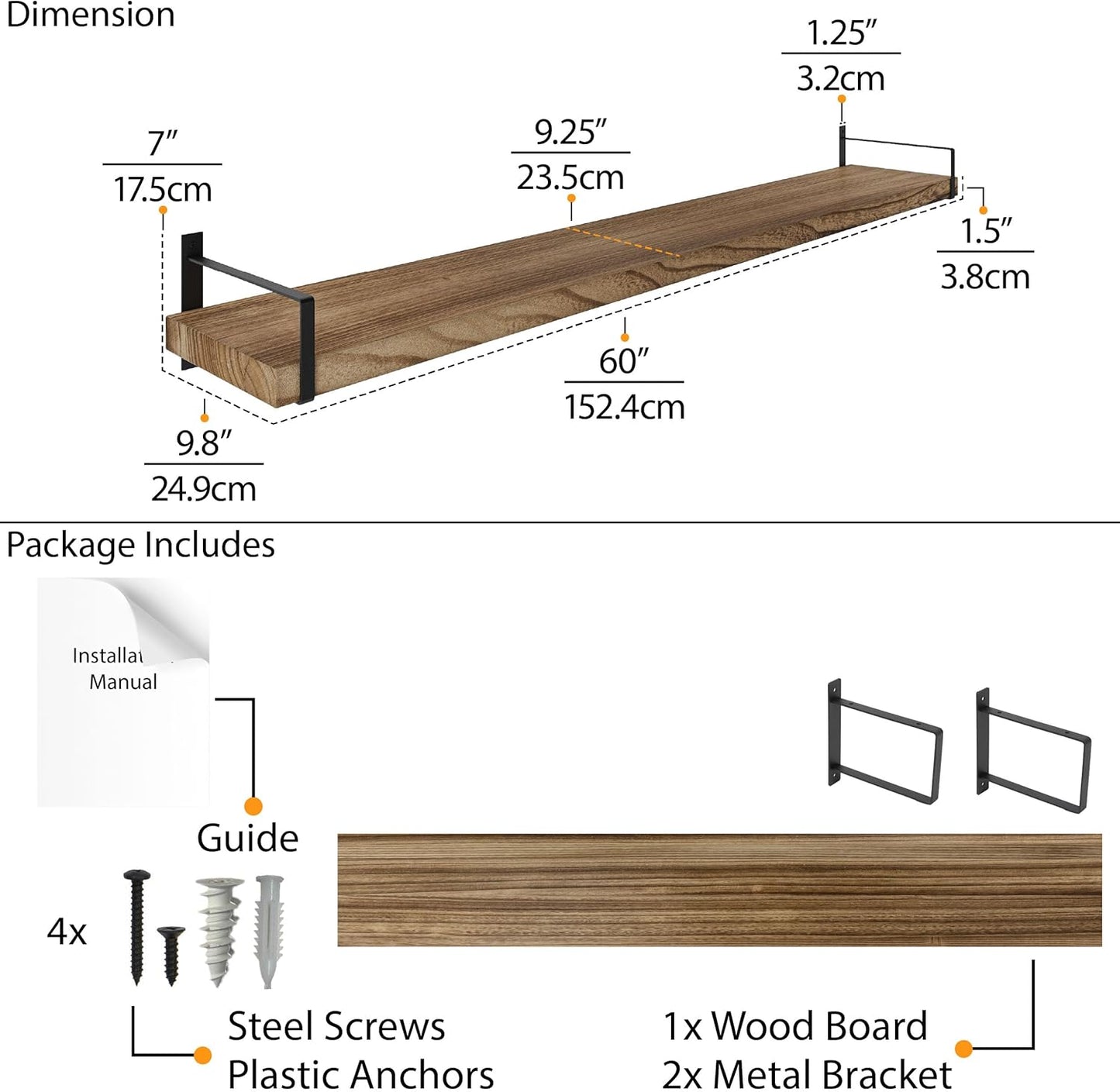Wallniture Toledo 60 inch Floating Shelf with Heavy Duty Bookend Brackets, Wooden Shelves for Wall, 1pc, Burnt Finish