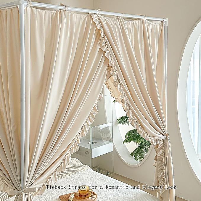 AIKASY Princess Canopy Bed Curtains with Top Ties - Windproof & Lightproof for Girls' Adult Bedroom Decor | Bed Canopy Drapes (Full,Khaki)