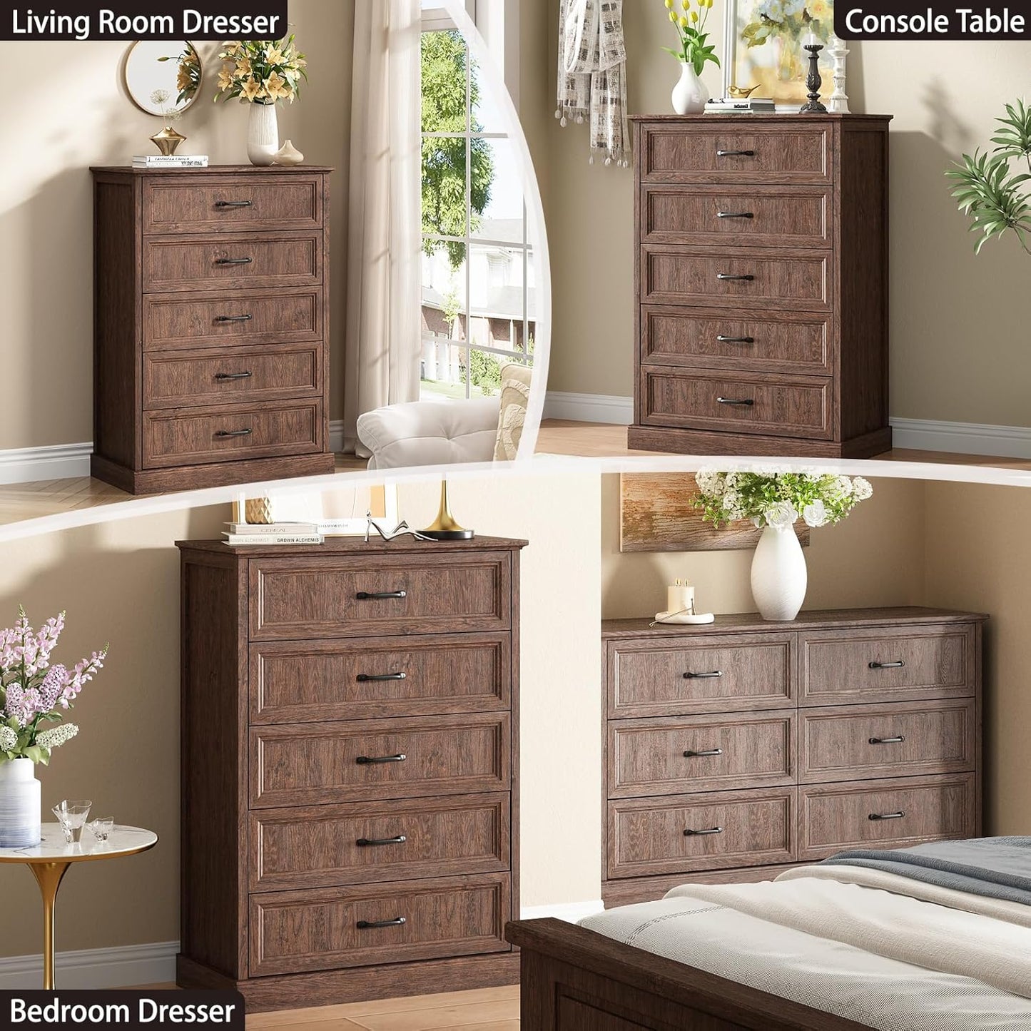 Farmhouse 5 Drawers Dresser for Bedroom, 44" Tall Brown dresser Wood Rustic Chest of Drawers with Wide Metal Handle,Natural Texture,Drawer Organizer for Bedroom,Living Room,Hallway and Entryway