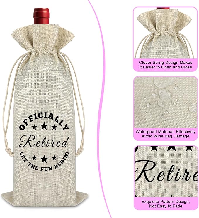 Happy Retirement Gifts for Women Men Wine Bag Funny Retirement Gift for Mom Boss Coworkers Teachers Appreciation Gift Retired Farewell Leaving Gift for Colleagues Cotton Burlap Wine Bottle Bag