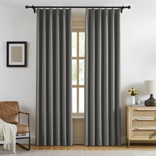 KangBang Neutral Gray Blackout Curtains for Bedroom 2 Panels, Light Blocking Pinch Pleat Vertical Drapes with Hooks for Flat/Apartment Office, Solid Privacy Elegant Modern Decor,40x84 Inch