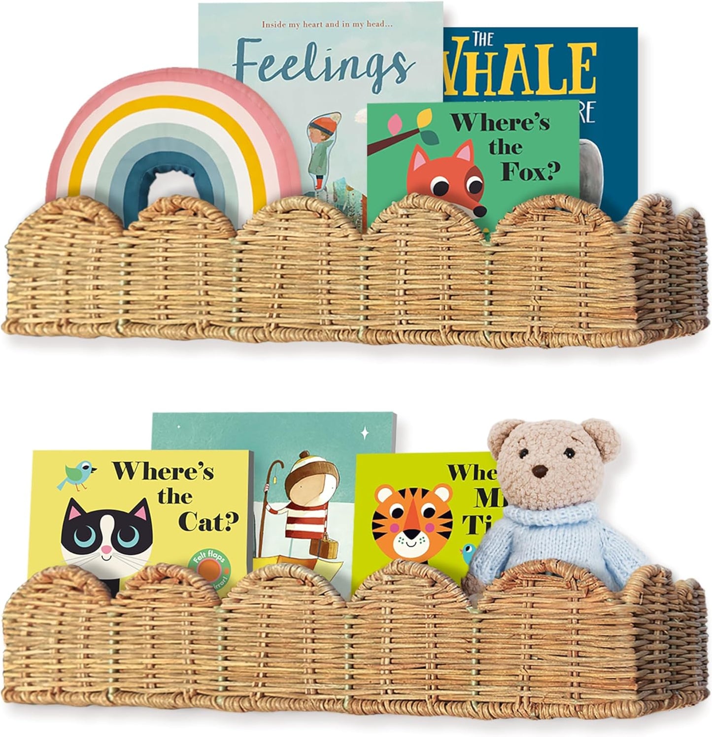 Nursery Book Shelves Set of 2 - Artisanal Natural Rattan Scalloped Book Shelf for Kids Rooms 15.8" W, Cute Wicker Nursery Bookshelf Wall Mounted, Handwoven Floating Kids Bookshelf, Baby Boho Decor