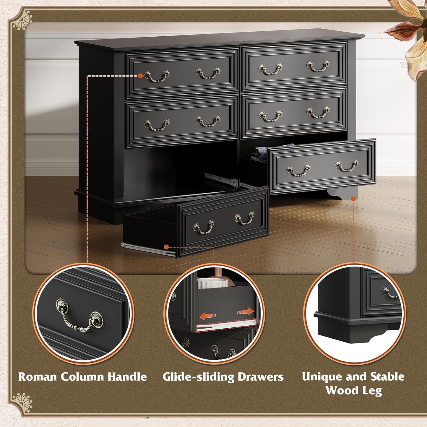 WLIVE Farmhouse Dresser for Bedroom, 51.97'' Wide Wood 6 Drawer Dresser, Chest of Drawers with Roman Metal Handle, TV Stand for 60 inch TV, for Living Room, Hallway, Black