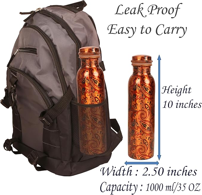 Pure Copper Water Bottle -Handcrafted -Ayurveda Health Benefits -Large 35 oz - Leak proof - Easy to carry for Sports, Fitness, Yoga, School - Textured Paisley Floral.
