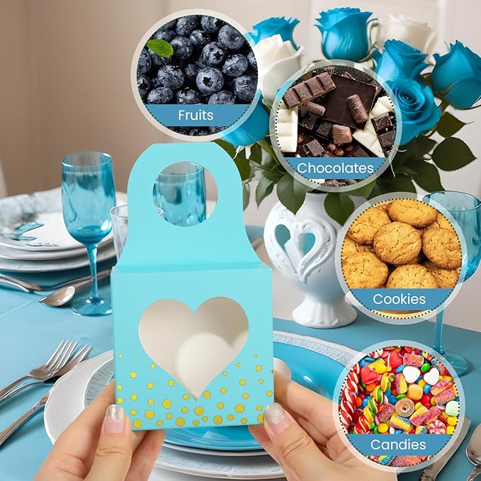 Megitzuu 50 Pieces Wine Bottle Box with Window, Blue Wine Boxes for Gifts Hanging Foldable Wine Gift Boxes Kraft Paper Wine Bottle Hanger Favor Box for Holding Candy Truffles Chocolate Cookies