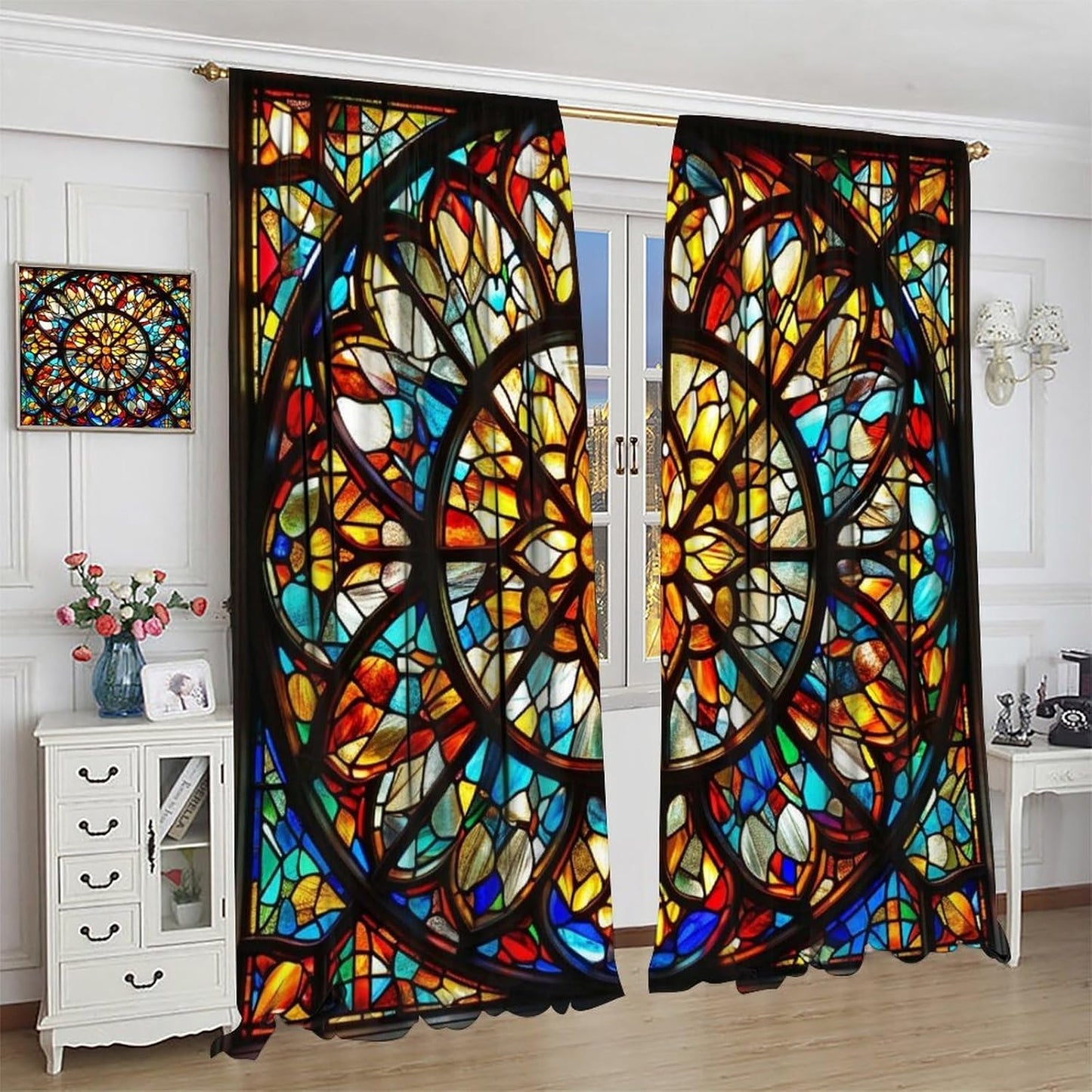 Stained Glass Curtains,Retro Mid Century Abstract Colorful Geometric Prints Home Decor Drapes for Bedroom Living Room Kitchen Window Treatment 2 Panels Set Total Size 52" W X 84" L Inch