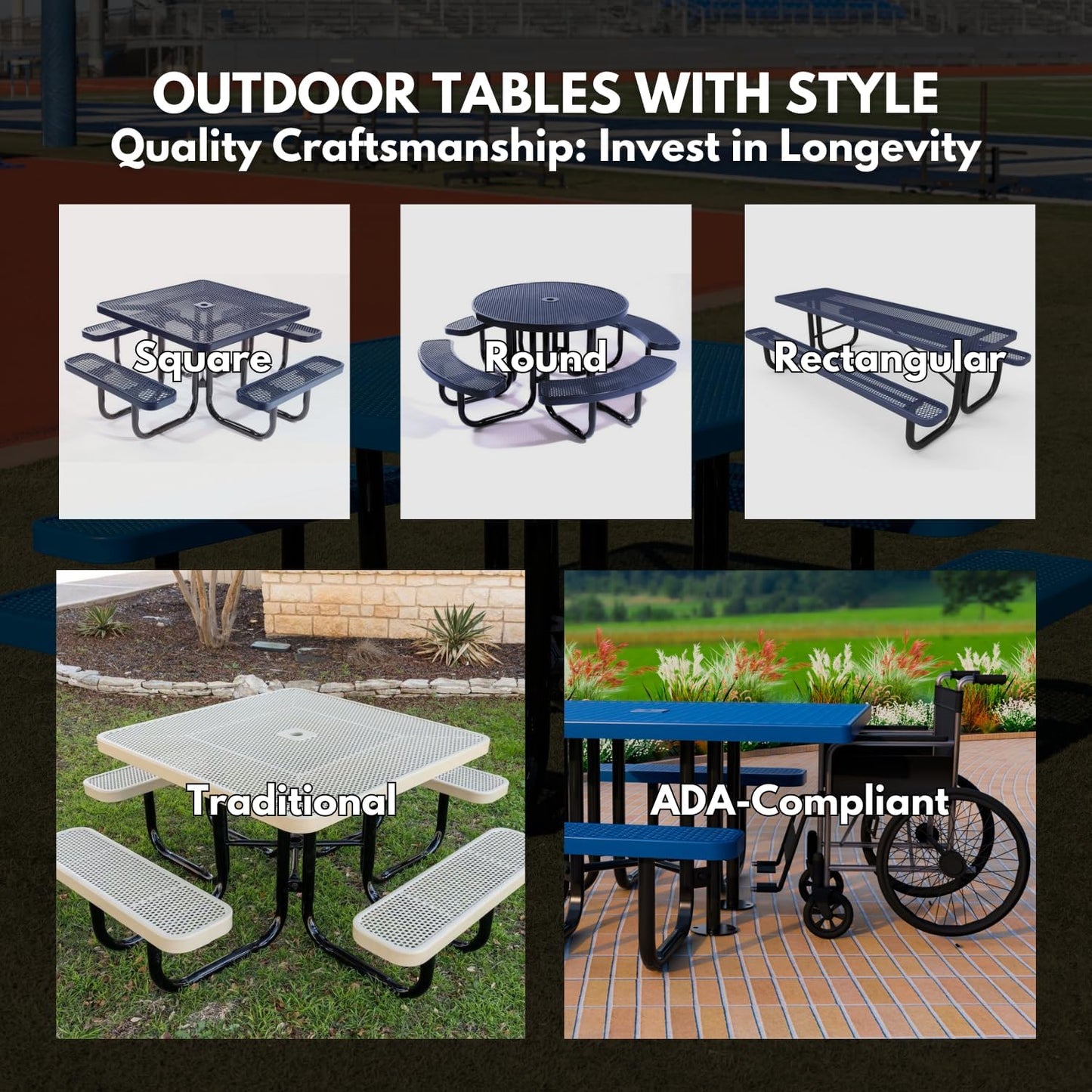 Heavy-Duty Portable Outdoor Picnic Table with Umbrella Hole, Expanded Metal Commercial-Grade Patio Dining Furniture Made in America (46" Round Top, Textured Gold Vein)