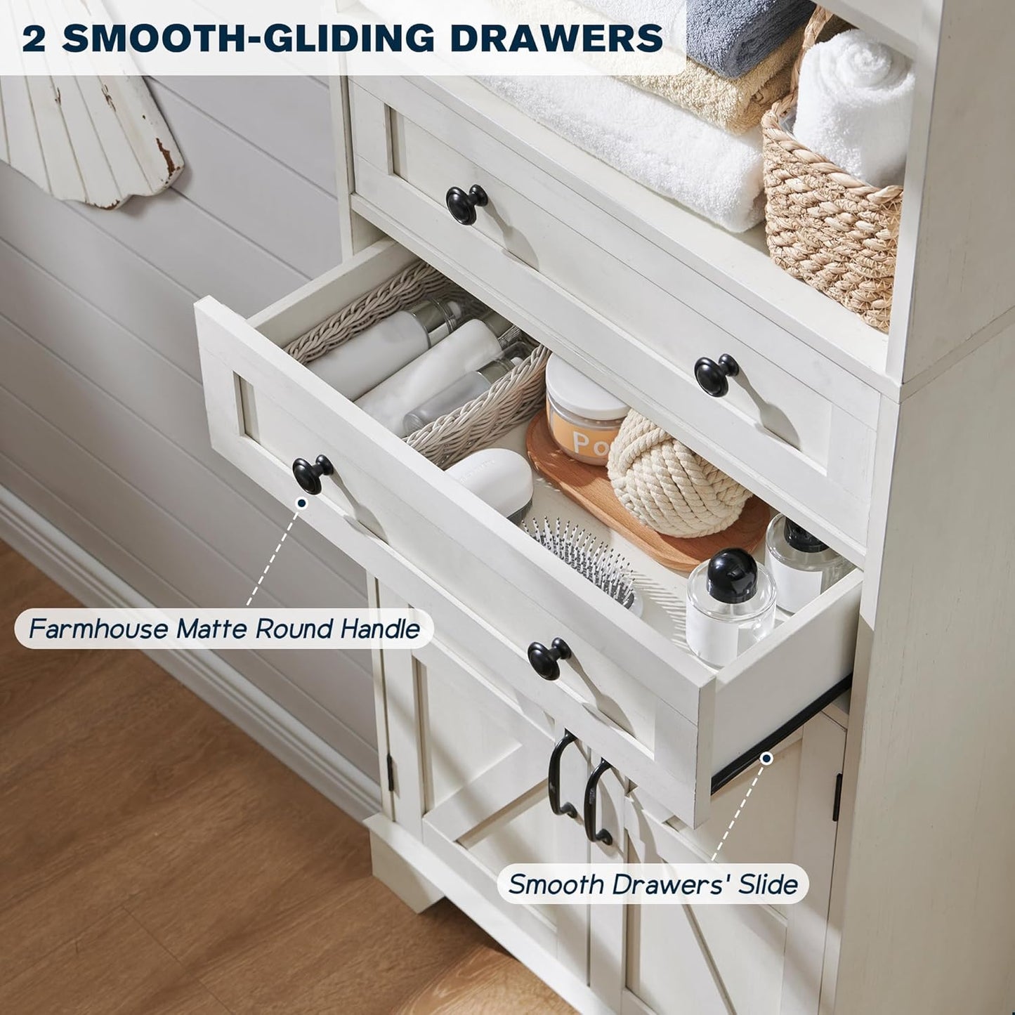 72" Tall Bathroom Storage Cabinet, Farmhouse Storage Cabinet with 2 Drawers, Adjustable Shelves & Barn Door, Cabinet for Bathroom, Living Room, Kitchen, Off White