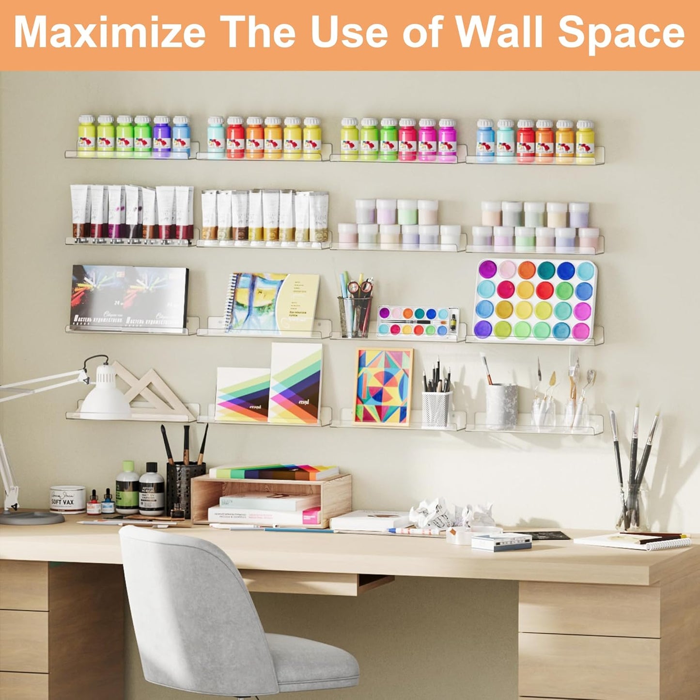 upsimples 14 Pack Acrylic Shelves Wall Organizer and Storage, 15" Display Shelf for Figure, Toy Cars, Perfume, Kids Bookshelf for Bedroom, Nursery, Craft Room, Clear