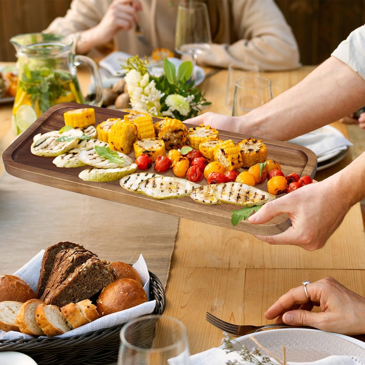 16"x 8" Large Wooden Serving Trays Decor Long Charcuterie Cheese Boards Acacia Wood Kitchen Dinner Platters Rectangular Snack Appetizer Plates for Food Dish Rectangle Party Cookie Dessert Tray