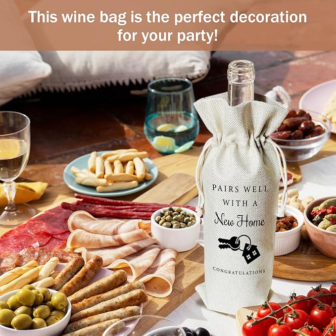 Housewarming Wine Gift Bags & Card, First New Home House Gifts for Women Men Wife Husband Friend Home Owner, 1 pcs Reusable Burlap Wine Gift Bags for Wine Bottles, Housewarming Party Decor Favor -33