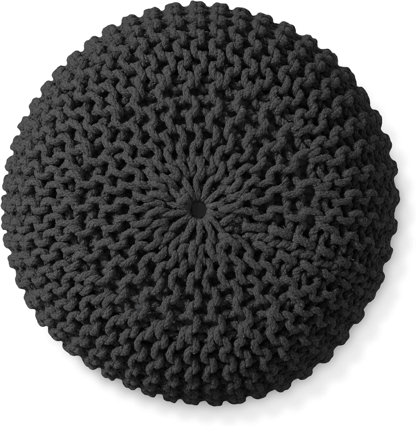 Casafield Round Pouf Ottoman, Black - 20" Diameter x 14.5" High Cotton Knit Foot Stool - Boho Floor Pouffe for Living Room, Bedroom, Home Office