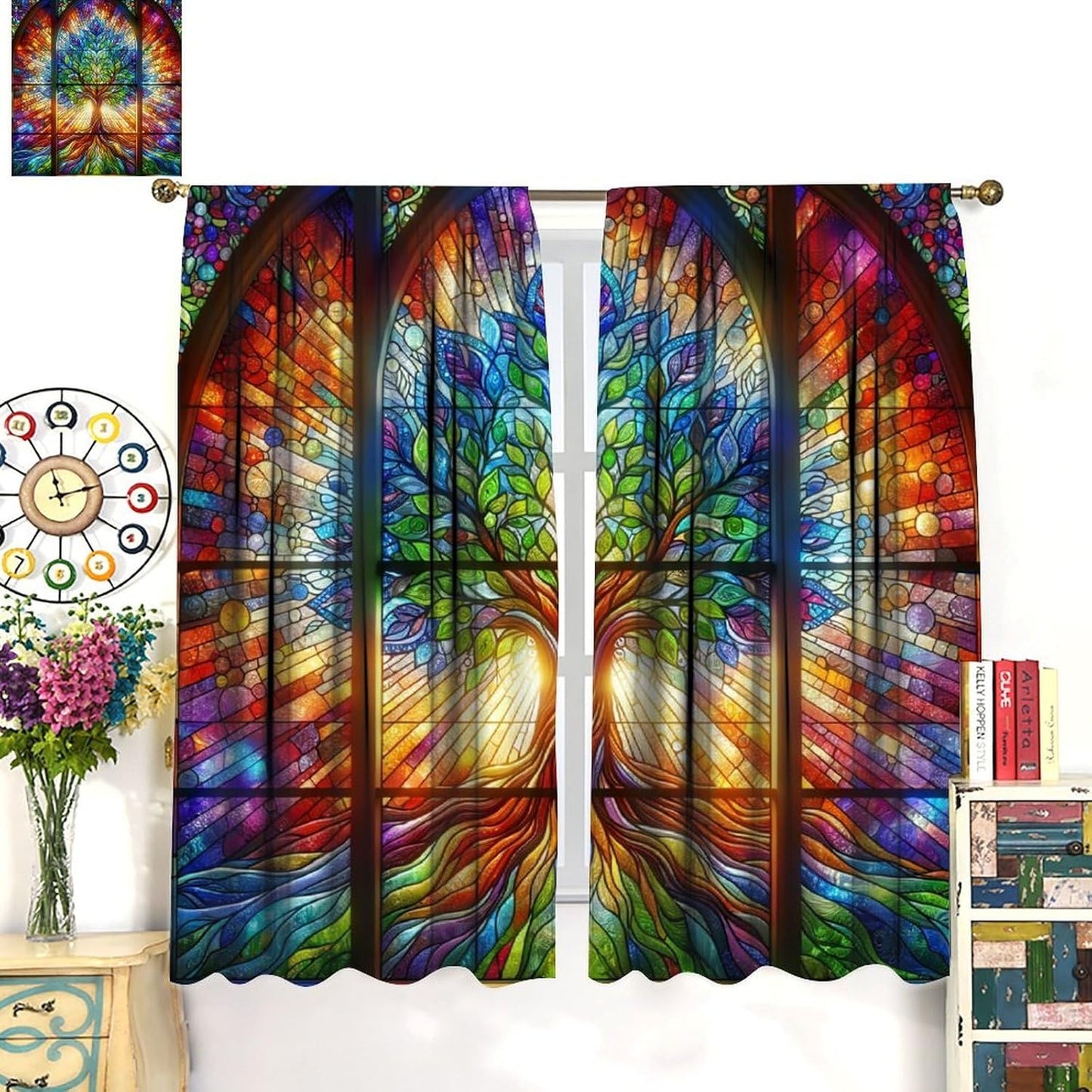 Stained Glass Curtains,Tree of Life Colorful Abstract Art Home Decor Drapes for Bedroom Living Room Kitchen Window Treatment 2 Panels Set Total Size 63" W X 72" L Inch