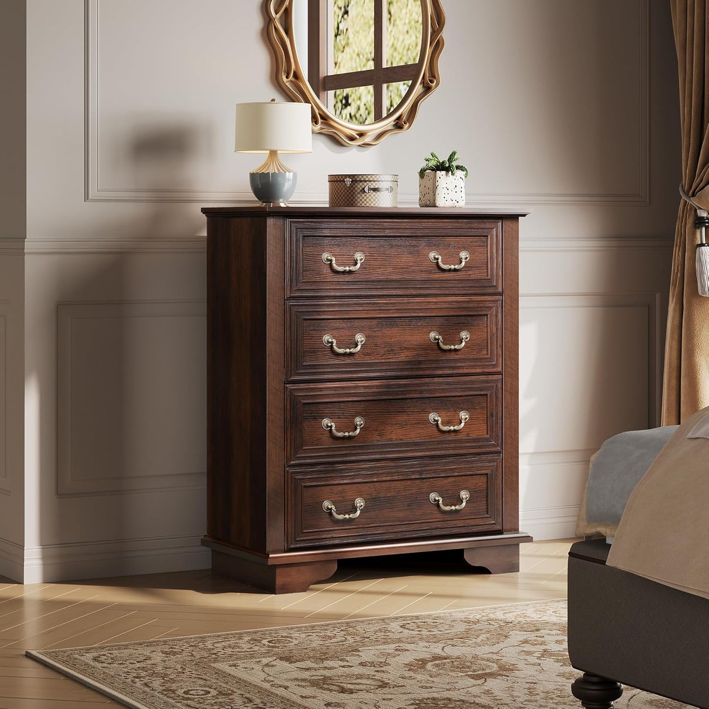 WLIVE Farmhouse Dresser for Bedroom, Tall Wood Dresser with 4 Drawers, Chest of Drawers with Roman Metal Handle for Living Room, Hallway, Closet, Rustic Brown