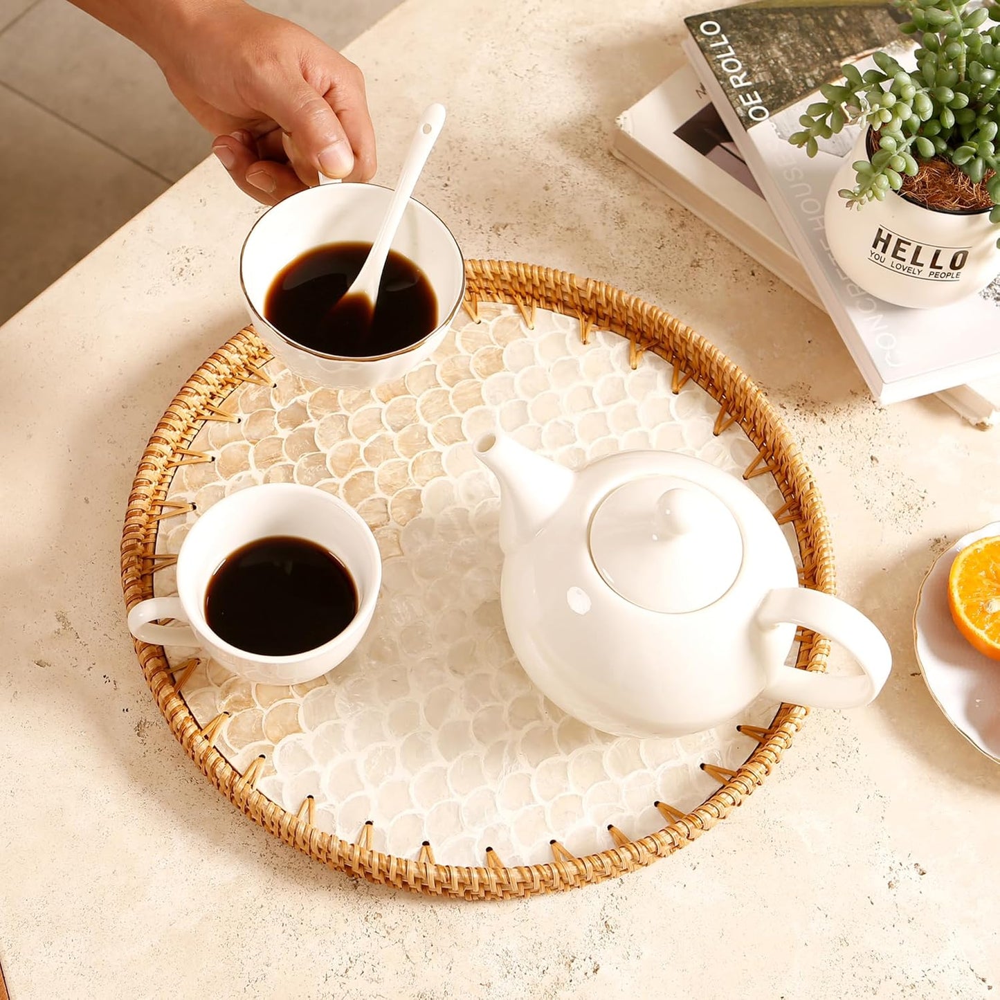 Round Rattan Tray with Mother of Pearl Inlay & Wooden Base - Decorative Wicker Serving Tray for Coffee/Bread/Fruits, Food Storage & Display - Multipurpose Home Decor (L,Fish Scales)