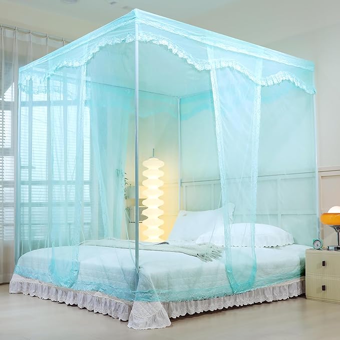 Bed Canopy, Princess Bed Curtain Net for Girls & Adults，Three-Doors Rectangle Lace Dome Netting (Green, King)
