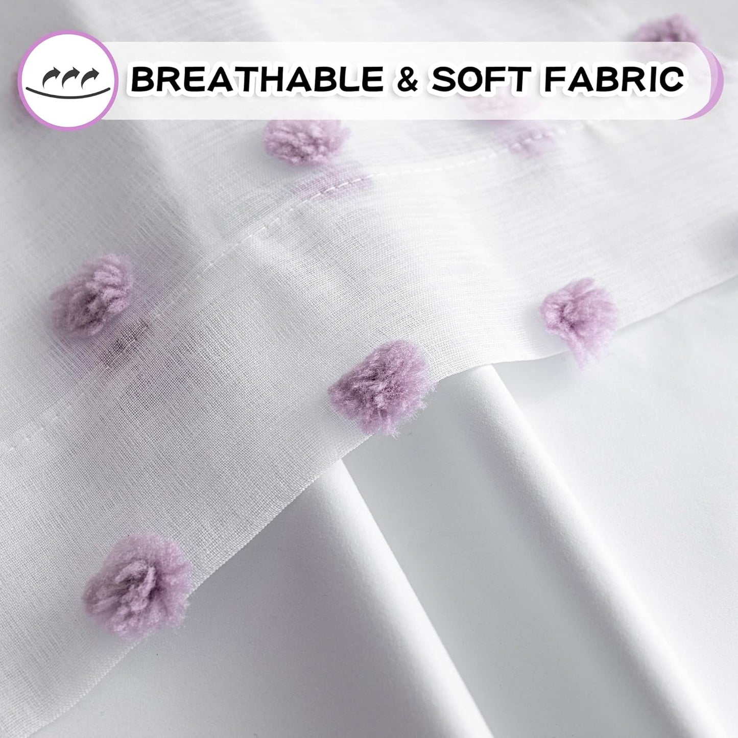 MYSKY HOME 100% Blackout Curtains for Girls Bedroom 84 Inches Long Total Light Blocking Curtains for Living Room 2 Panels Grommet Room Darkening Window Drapes with Purple Pom Pom Sheer 52W x 84L