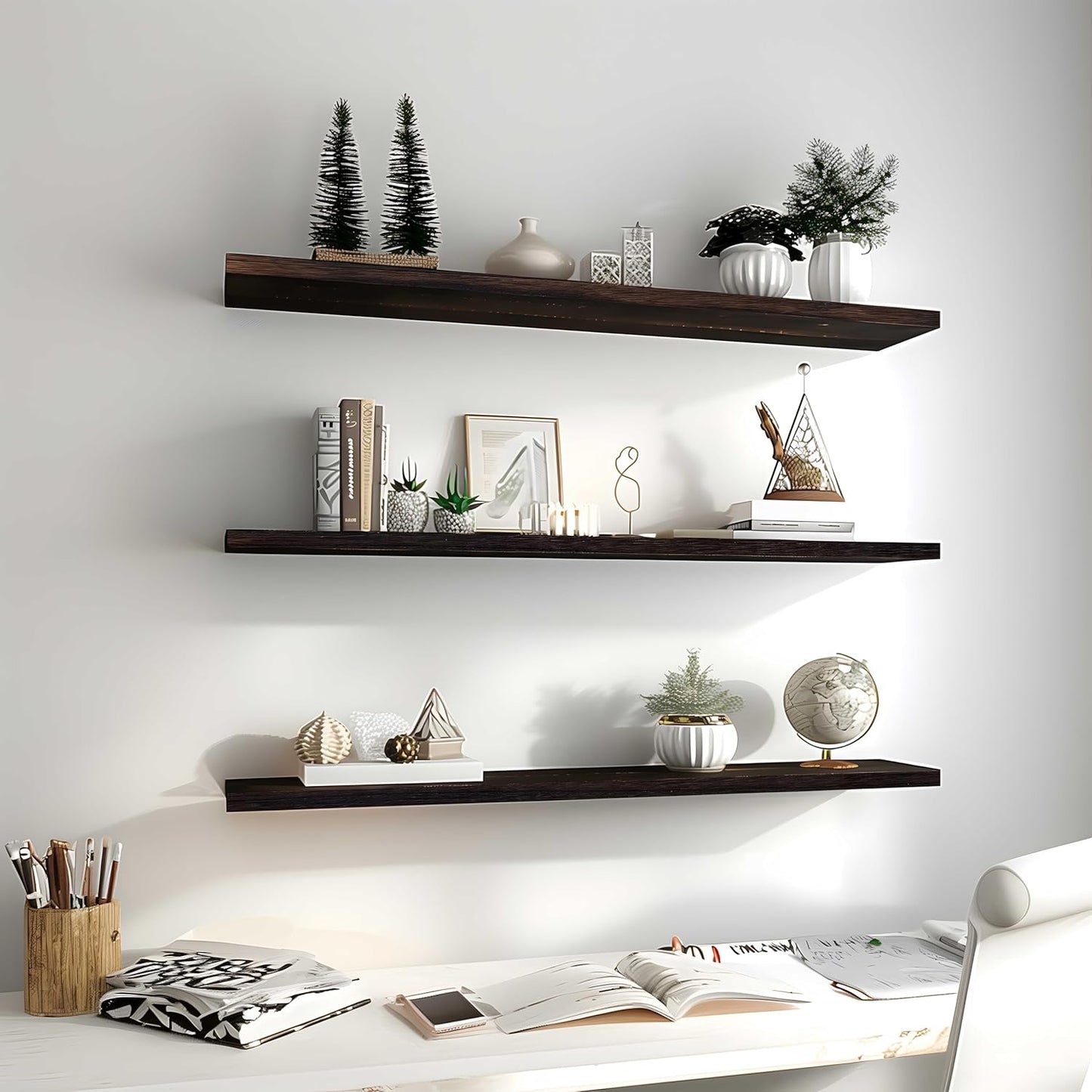 Wood Floating Shelves for Wall Decor, Rustic Wall Shelves for Bedroom Bathroom Kitchen Living Room, Set of 4 Walnut 36 Inch