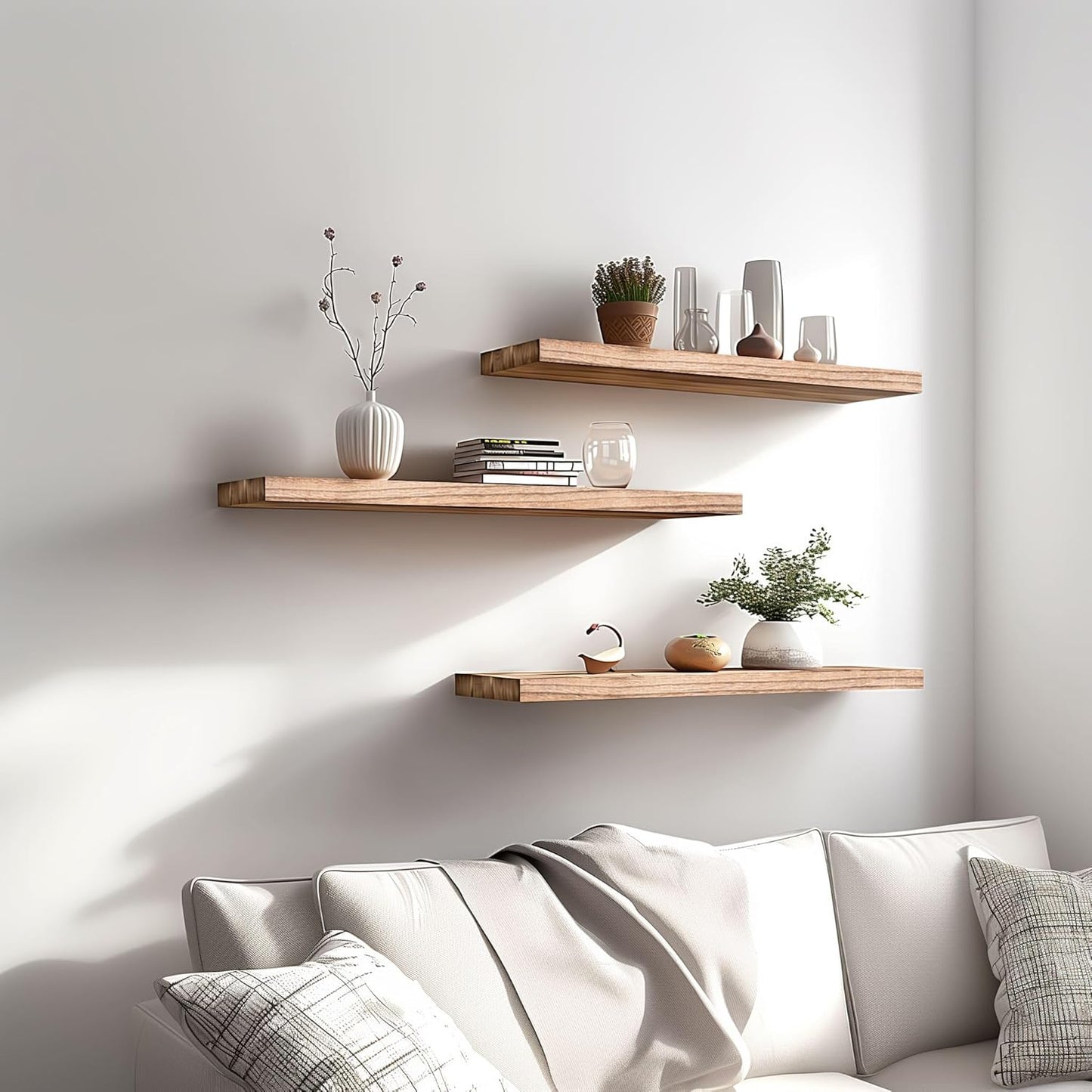 Wood Floating Shelves for Wall Decor, Rustic Wall Shelves for Bedroom Bathroom Kitchen Living Room, Set of 4 Light Walnut 24 Inch