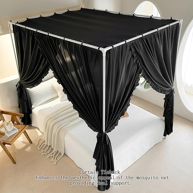 AIKASY Princess Canopy Bed Curtains with Top Ties - Windproof & Lightproof for Girls' Adult Bedroom Decor | Bed Canopy Drapes (King,Black)