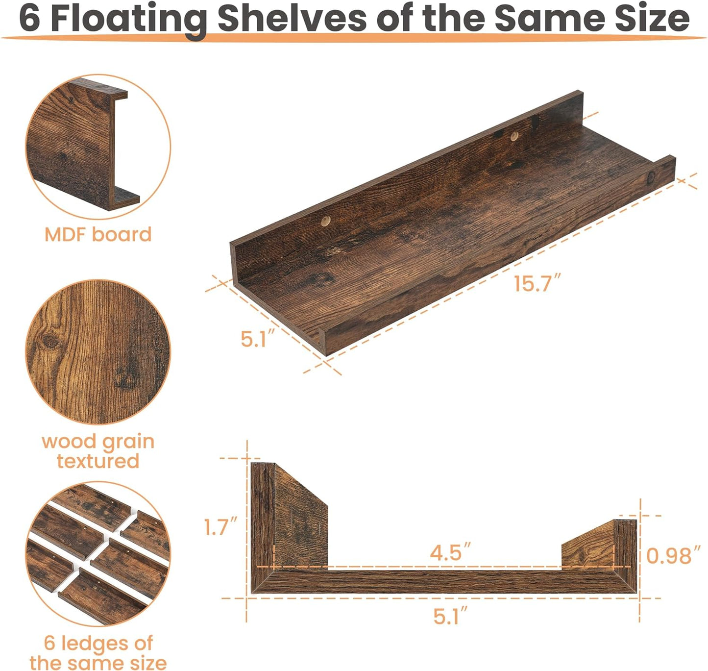 upsimples Floating Shelves for Wall, Wall Shelves for Decor Storage Set of 6, Wall Mounted Wood Shelf for Bedroom, Living Room, Bathroom, Kitchen, Picture Ledge Shelf, Brown