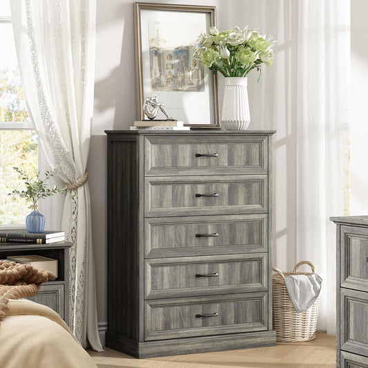 Farmhouse 5 Drawers Dresser for Bedroom, 44" Tall Grey dresser Wood Rustic Chest of Drawers with Wide Metal Handle,Natural Texture,Drawer Organizer for Bedroom,Living Room,Hallway and Entryway