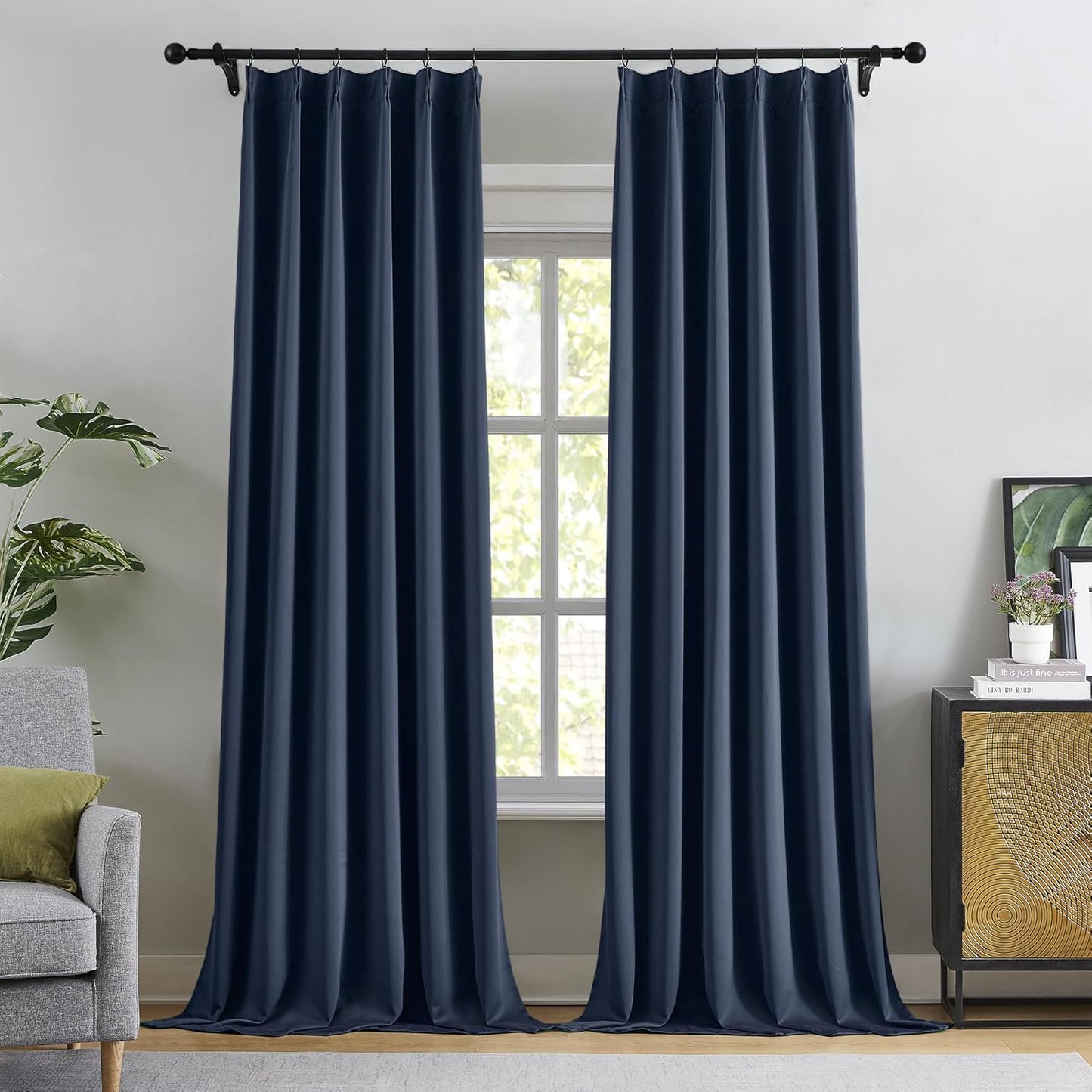 KangBang Navy Blue Pinch Pleated Curtains 120 Inches Long 2 Panels Set, Extra Long Sound Dampening Memory Pleat Elegant Curtains & Drapes for Boys Playroom Dorm with Hooks, 40Wx120L