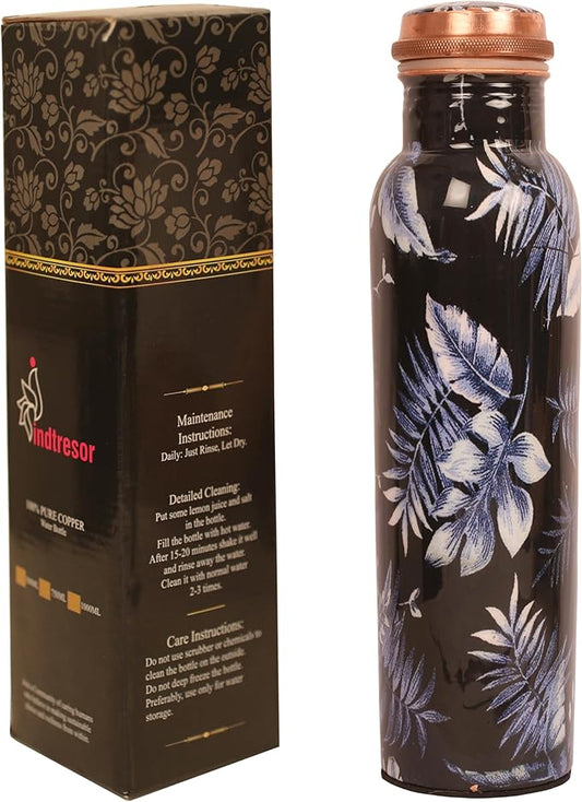 Pure Copper Water Bottle - Handcrafted - Ayurveda health benefits - Large 35 oz - Leak proof - Easy to carry for Sports, Fitness, Yoga, School - Indigo Blue Artistic Petals Motifs Enamel