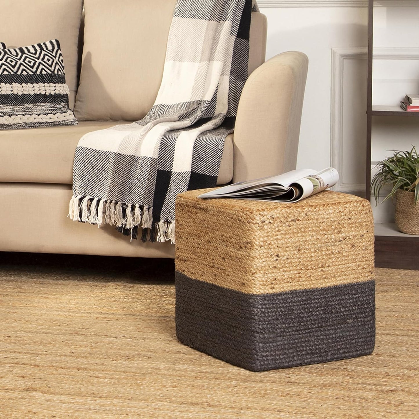 REDEARTH · Cube Pouf Foot Stool Ottoman - Jute Braided Pouffe Poof Accent Sitting Footrest for The Living Room, Bedroom, Nursery, Patio, Lounge & Other Rooms, Set of 2(14.5”x14.5”x16”; Natural Gray)